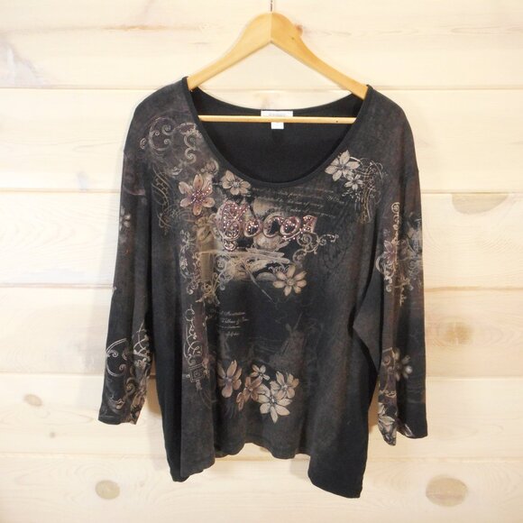 Y2K Vintage Women's Plus Size 3X Top 3/4 Sleeve Brown Cocoa Rhinestone Dressbarn - Picture 1 of 9